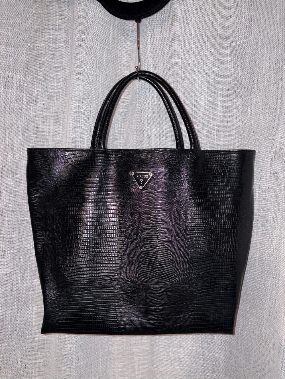 GUESS Black Croc-Embossed Tote with Triangle Logo